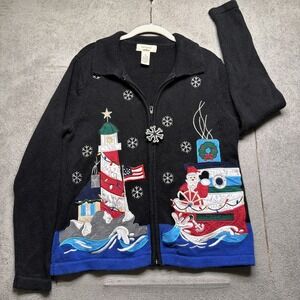 Christmas Sweater Knit Zip Jacket Embroidered Santa Nautical Womens M